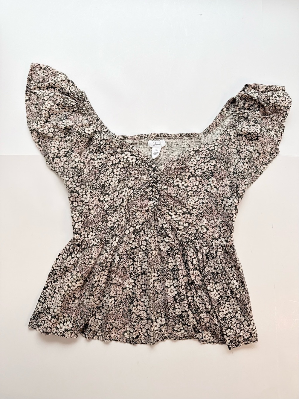 Japna Floral Black & Beige Pleated & Ruched Rayon Blouse w/Flutter Sleeves Sz XL